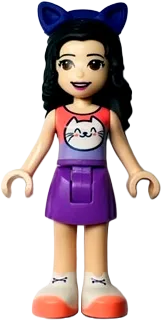 Friends Emma - Coral and Lavender Top with Cat Head, Medium Lavender Skirt, White Shoes, Dark Purple Cat Ears minifigure