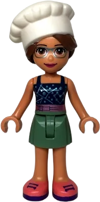 Friends Olivia - Nougat, Sand Green Skirt, Dark Blue Top with Metallic Pink Belt, White Chef Toque with Hair minifigure