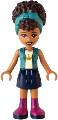 Friends Andrea - Dark Turquoise Jacket over White Top with Crown, Dark Blue Skirt with Magenta Boots, Dark Turquoise Head Wrap minifigure