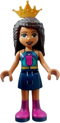 Friends Andrea - Dark Turquoise Halter Top with Magenta Stripes and Dots, Dark Blue Skirt with Magenta Boots, Pearl Gold Tiara minifigure