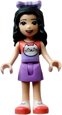 Friends Emma - Coral and Lavender Top with Cat Head, Medium Lavender Skirt, White Shoes with Coral Soles, Lavender Bow minifigure