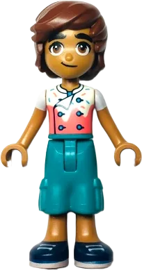 Friends Leo - White and Coral Chef Shirt with Sprinkles, Dark Turquoise Trousers Cropped Large Pockets, Dark Blue Shoes minifigure