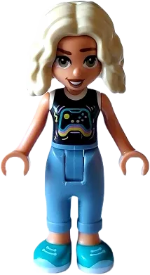 Friends Nova - Black and White Shirt with Video Game Controller, Sand Blue Trousers with Cuffs, Dark Turquoise Shoes minifigure