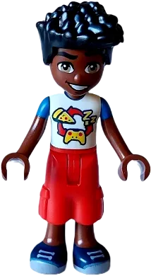 Friends Zac - White and Blue Shirt with Pizza and Game Controller, Red Trousers Cropped Large Pockets, Dark Blue Shoes minifigure