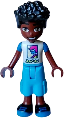 Friends Zac - White and Blue Shirt with Racer, Dark Azure Trousers Cropped Large Pockets, Black Shoes minifigure