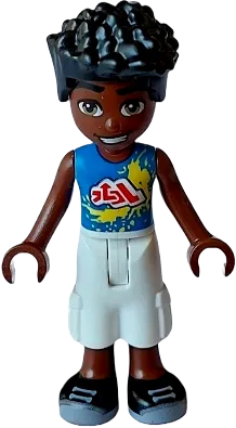 Friends Zac - Blue Sleeveless Shirt with Yellow Splotches, White Trousers Cropped Large Pockets, Black Shoes minifigure