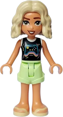 Friends Nova - Black and White Shirt with Video Game Controller, Yellowish Green Shorts, Bright Light Yellow Sandals minifigure