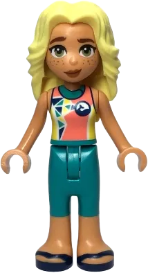 Friends Dia - Coral and Yellow Wetsuit with Dolphin / Whale Logo and Triangles, Dark Turquoise Trousers, Dark Blue Sandals minifigure