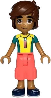 Friends Leo - Dark Turquoise and Yellow Wetsuit, Coral Trousers Cropped Large Pockets, Medium Nougat Legs, Dark Blue Shoes minifigure