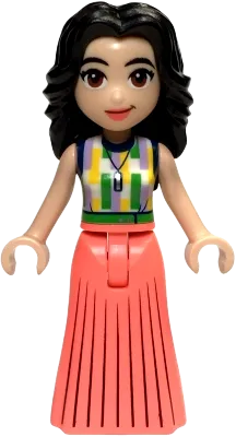 Friends Emma - Adult, Pleated Coral Skirt, Dark Blue, Medium Lavender, Yellow, Green, and White Top minifigure