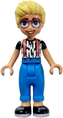 Friends Olly - White Shirt with Black Stripes, Coral Suspenders, Dark Azure Trousers, Black Shoes minifigure