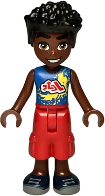 Friends Zac - Blue Shirt with Red Symbols and Yellow Splotches, Red Trousers Cropped Large Pockets, Dark Blue Shoes minifigure