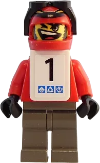 Snowboarder - Red Shirt, Dark Gray Legs, White Vest, Number 1 Sticker on Both Sides minifigure