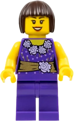 Female Dark Purple Blouse - Gold Sash and Flowers, Dark Purple Legs, Dark Brown Bob Cut Hair minifigure