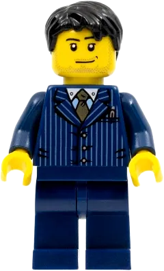 Businessman - Pinstripe Jacket and Gold Tie, Dark Blue Legs, Black Short Tousled Hair, Smirk and Stubble minifigure