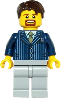Businessman Pinstripe Jacket and Gold Tie - Light Bluish Gray Legs, Dark Brown Hair Short Tousled with Side Part minifigure