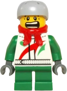 Octan - Jacket with Red and Green Stripe, Green Short Legs, Red Bandana, Helmet Sports with Vent Holes, Black Eye Corner Crinkles minifigure
