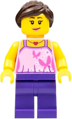 Girl - Bright Pink Top with Butterflies and Flowers, Dark Purple Legs, Dark Brown Ponytail and Swept Sideways Fringe minifigure