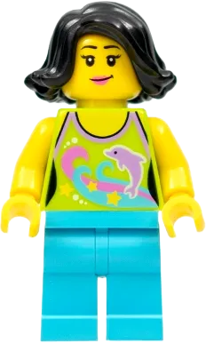 Female Lime Halter Top - Dolphin Pattern, Medium Azure Legs, Black Female Hair Short Swept Sideways minifigure