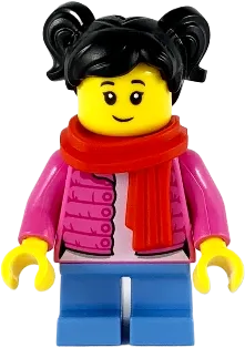 Child - Girl, Dark Pink Puffy Jacket, Medium Blue Short Legs, Black Hair with Pigtails, Red Scarf minifigure