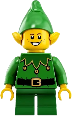 Elf - Green Scalloped Collar with Bells, Freckles, Open Mouth Smile with Teeth minifigure