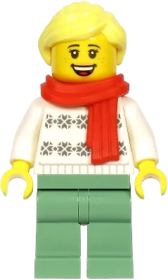 Woman - White Turtleneck Sweater, Sand Green Legs, Bright Light Yellow Hair, Red Scarf minifigure