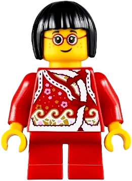 Child - Girl, Red Shirt with Bows and Flowers, Red Short Legs, Black Short Hair, Glasses, Freckles minifigure