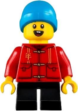 Child - Boy, Red Tang Jacket with Hood, Black Short Legs, Dark Azure Beanie minifigure