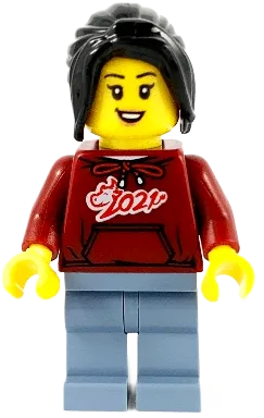 Woman - Dark Red '2021' Shirt, Sand Blue Legs, Long Black Hair minifigure