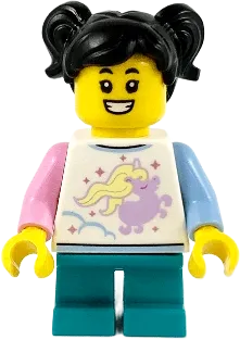 Child - Girl, White Shirt with Unicorn, Dark Turquoise Short Legs, Black Hair with Pigtails minifigure