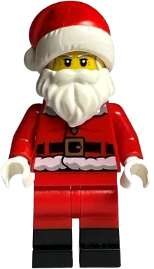 Santa - Red Legs, Black Boots Fur Lined Jacket with Button and Candy Cane on Back, Gray Bushy Eyebrows minifigure