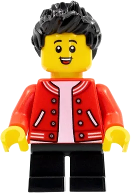 Child - Boy, Red Letterman Jacket, Black Short Legs, Black Spiked Hair minifigure