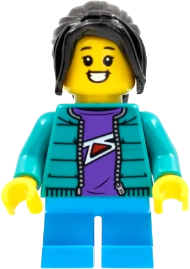 Child - Girl, Dark Turquoise Jacket over Dark Purple Shirt, Dark Azure Short Legs, Black Ponytail minifigure