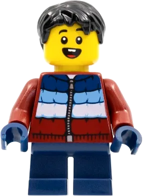 Child - Boy, Dark Red Puffy Coat, Dark Blue Short Legs, Black Hair minifigure
