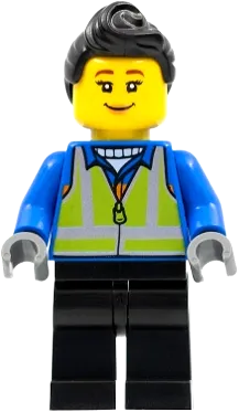 Woman - Black Hair, Blue Coat, Lime Safety Vest, Black Legs minifigure