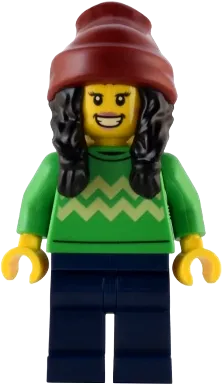 Holiday Shopper - Female, Bright Green Sweater with Bright Light Yellow Zigzag Lines, Dark Blue Legs, Dark Red Beanie with Black Hair minifigure