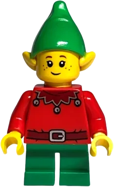 Elf - Dark Red Scalloped Collar with Bells, Bright Green Hat minifigure