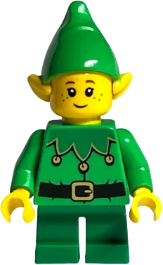 Elf - Green Scalloped Collar with Bells, Closed Mouth with Freckles minifigure