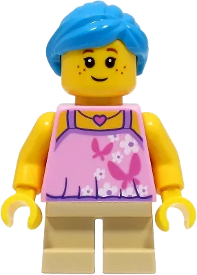 Girl - Bright Pink Top with Butterflies and Flowers, Tan Short Legs, Dark Azure Hair minifigure