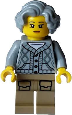 Lodge Owner - Female, Light Bluish Gray Knit Cable Cardigan Sweater, Dark Tan Legs with Pockets, Wavy Hair minifigure