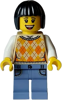 Tourist - Female, Tan Knit Argyle Sweater Vest, Sand Blue Legs with Pockets, Black Bob Cut Hair, Freckles minifigure