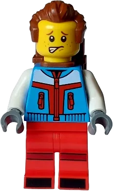 Tourist - Male, Dark Azure Jacket, Red Legs with Dark Red Stripes on Knees, Reddish Brown Swept Back Hair, Freckles, Backpack minifigure
