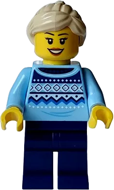 Market Vendor - Female, Bright Light Blue Knit Fair Isle Sweater, Dark Blue Legs, Tan Hair Ponytail minifigure