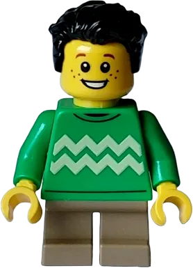 Child - Boy, Bright Green Sweater, Dark Tan Short Legs, Open Mouth Smile, Freckles, Black Hair minifigure