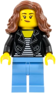 Woman - Black Jacket over Striped Shirt, Medium Blue Legs, Reddish Brown Long Hair minifigure