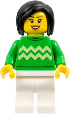 Woman - Bright Green Sweater with Bright Light Yellow Zigzag Lines, White Legs, Black Hair minifigure