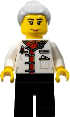 Restaurant Worker - Female, White Uniform Jacket, Black Legs, Light Bluish Gray Hair with Top Knot Bun minifigure