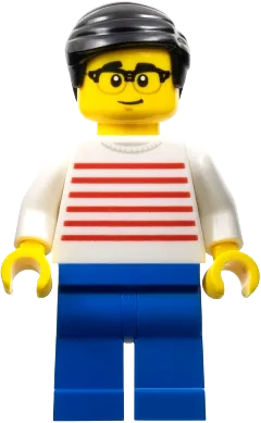 Man - White Sweater with Red Horizontal Stripes, Blue Legs, Black Hair, Glasses minifigure