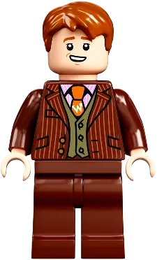 George Weasley - Reddish Brown Suit, Dark Orange Tie, Smiling / Laughing Head minifigure