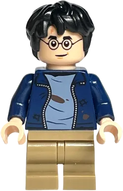 Harry Potter - Dark Blue Open Jacket over Sand Blue Shirt with Dirt Stains, Dark Tan Medium Legs, Grin / Stern minifigure